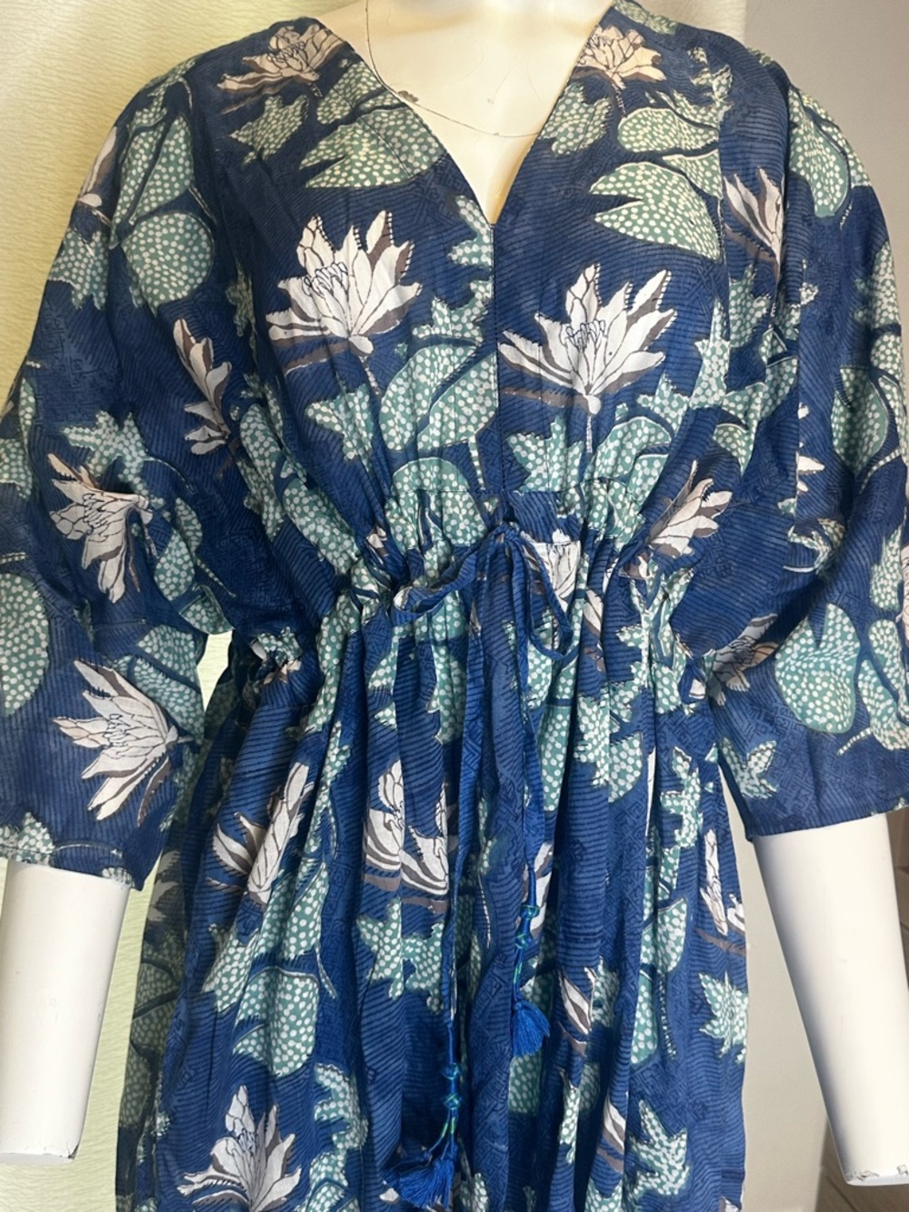 Anokhi Floral Organic Cotton Tunic in Teal & Navy w pockets OS - Picture 3 of 6